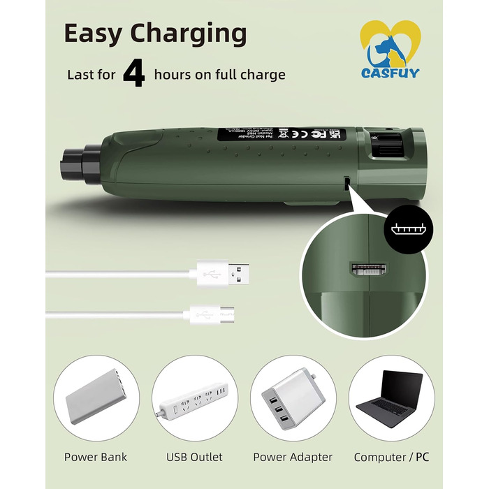 Електричний точило для собачих кігтів Casfuy - 6 режимів, 2 LED, для великих, середніх та маленьких собак. З захистом від пилу (білий, армійний зелений)