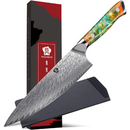 Японський ніж WILDMOK Santoku 20см з дамаської сталі, ручка з жовтої смоли (VG10 сталь)