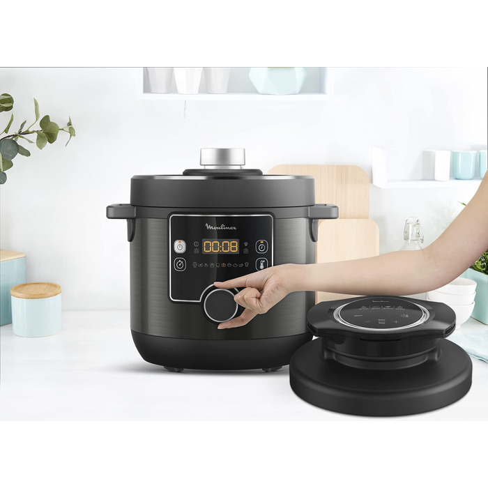 Moulinex Turbo Cuisine & Fry CE7788-2 in 1: Electric pressure cooker and air fryer up to 1450 W power, non-stick coated, 15 automatic programs, timer, accessories, black