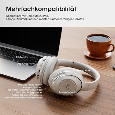 Бездротові навушники DOQAUS Bluetooth з тривалим часом роботи (70 годин), Over-Ear, Bluetooth 5.4, Hi-Fi стерео для подорожей, телефону та ПК (світло-сірий)