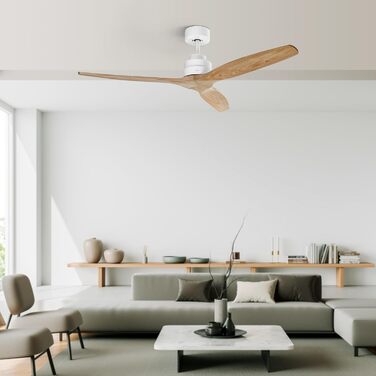 Стеляний вентилятор Ufesa 132 см, 40 Вт, 6 швидкостей, тихий, з 3 дерев'яними лопастями, функція літо-зима, таймер 8 годин, пульт, білий та світле дерево (без світла)