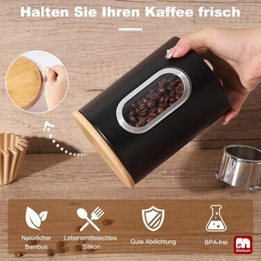 Герметична кавова банка Gmisun, 500г / 1,5л: для кавових зерен, меленої кави, капсул та паді, чорного кольору