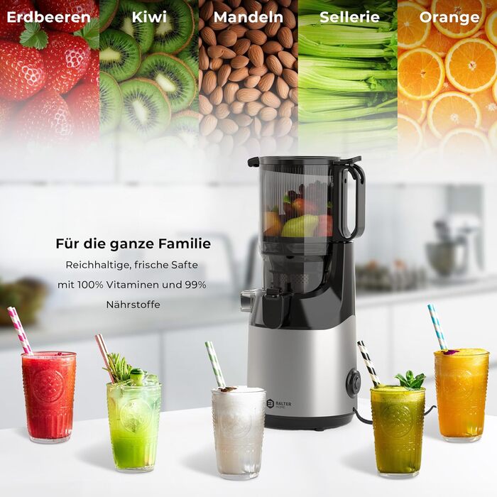Balter Slow Juicer, Large 108mm Opening, 250 Watts, Juicer for Vegetables and Fruits, Fruit Press, BPA Free, Quiet