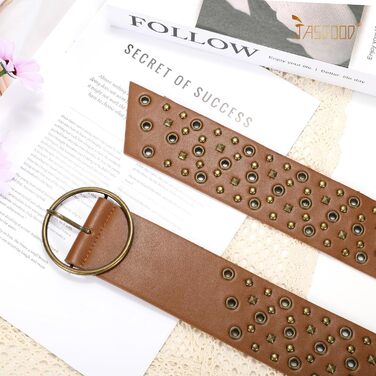 Жіночий широкий пояс JasGood з прорізними заклепками та круглою пряжкою, пояс з заклепками, пояс для талії для вінтажних джинсів, штанів, суконь. Підходить для талії до 88 см (Колір: Коричневий)