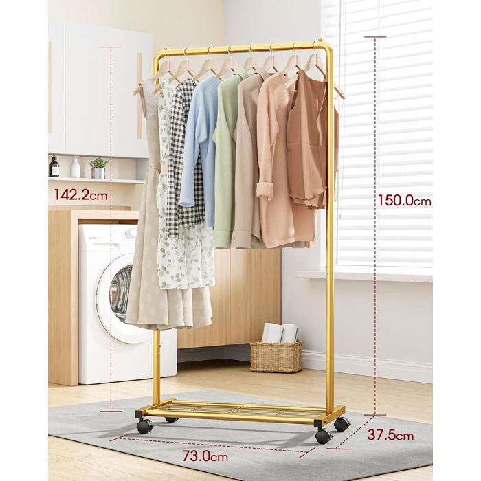 Металевий вішак для одягу на коліщатках з полицями, золотий, для шафи та кімнати