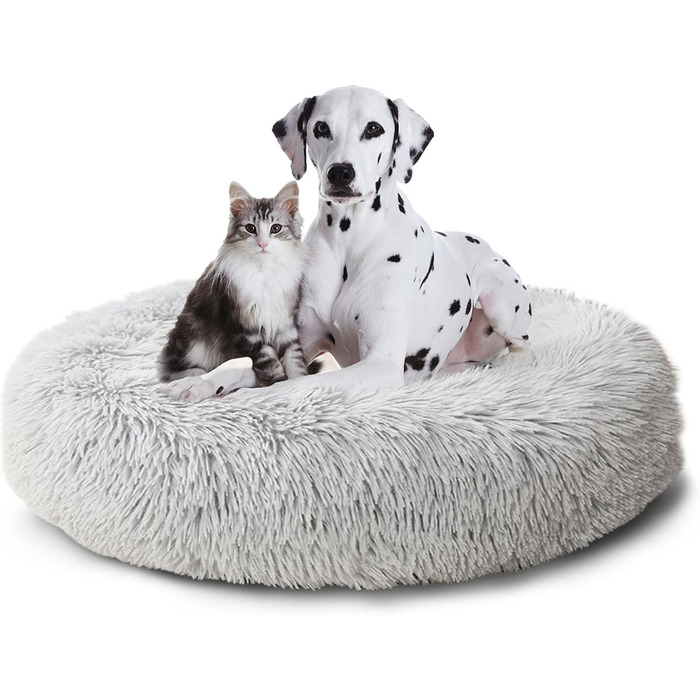 Кругле ліжко для собак та котів Caliyo, середнього розміру, 70 см (діаметр), світло-сіре, м'яке, знімний чохол, для прання та сушіння
