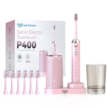 Електрична звукова зубна щітка JTF з УФ-дезінфекцією та сушінням, бездротова зарядка, 5 режимів чищення, 6 насадок, стаканчик, акумуляторна для дому та подорожей (Рожева)