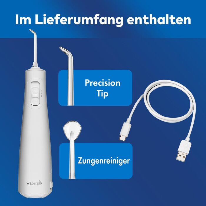 Waterpik Pulse Бездротова Іригатор для Рота (Мандюшче) з 2 Насадками, Білий. Професійне видалення нальоту, 2 режими інтенсивності, 45 сек резервуар, для чищення зубів та міжзубних проміжків