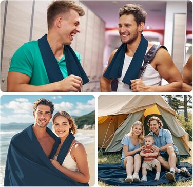 Набір з 3 рушників з мікрофібри: великий (180x90 см) та 2 маленькі (80x40 см), швидковисихаючі, для спорту, подорожей, басейну та пляжу (темно-синій)