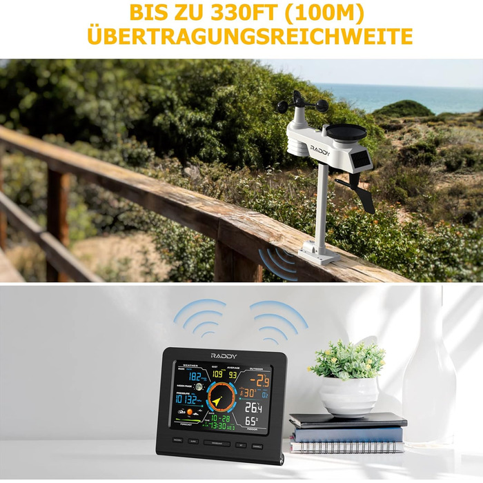 Метеостанція Raddy WF-100C Lite: Професійна бездротова метеостанція 13-в-1 з датчиком, барометром, гігрометром, термометром (внутрішнім/зовнішнім), вимірювачем вітру та дощу, прогнозом погоди для дому та саду