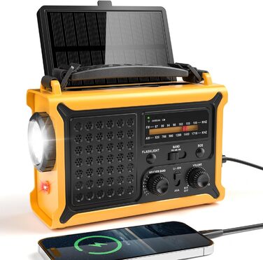 Сонячне радіо з ручним приводом та акумулятором 12000mAh, велика сонячна панель, AM/FM радіо для надзвичайних ситуацій з ліхтариком та світлодіодним читанням, висока якість звуку, зарядний Powerbank, SOS-сигнал для кемпінгу та відпочинку на природі, жовти