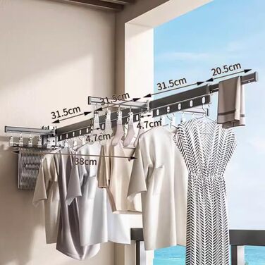 Настінна сушилка для білизни Hggzeg, розсувна, поворотна на 360°, з гачками, для балкона, ванної кімнати, пральні (свинцево-сірий)