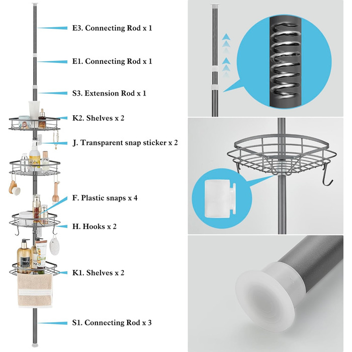DUFU Shower Shelf Telescopic No Drilling with 4 Shower Basket Corner, Non-Slip, Stable Bathroom Shelf Made of Metal, Height Adjustable 85-325cm, Telescopic Shelf Bath Grey