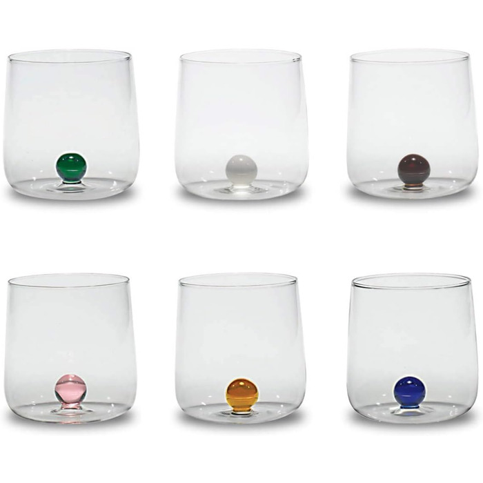 Zafferano Bilia Tumbler Set - 6 Water Glasses, transparent with a sphere in 6 different colors