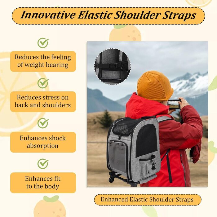 Транспортна переноска для котів та собак на колесах, 360° обертання, з кишенями, вантажний візок-рюкзак, портативна та дихаюча, для маленьких собак та середніх котів до 15 кг