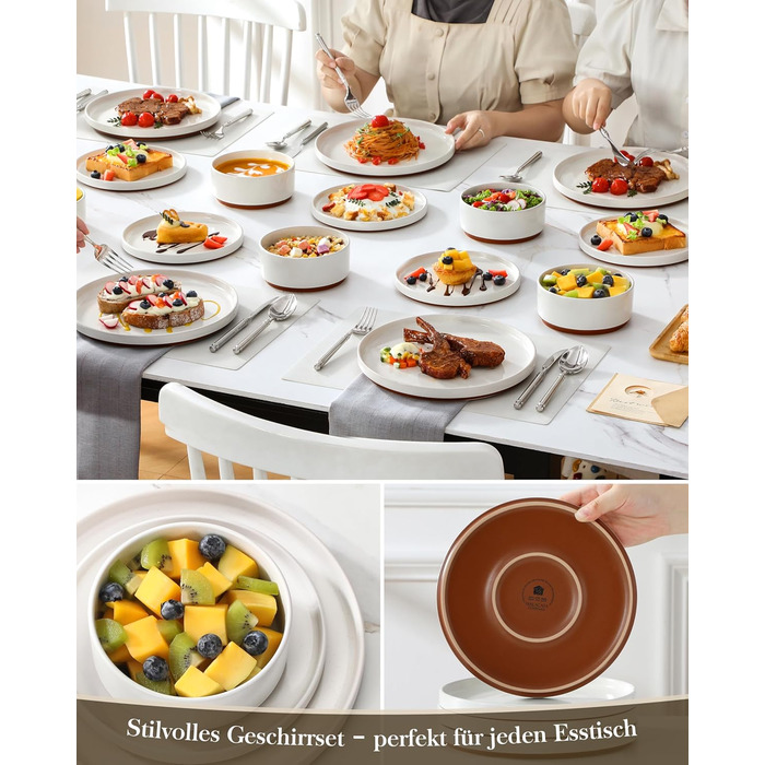 Набір посуду MALACASA з каменю (18 предметів) для 6 осіб, керамічний сервіз з глазур'ю 'сезам', білий з коричневим дном, набір тарілок та мисок
