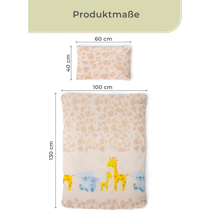 Комплект постільної білизни для дітей Gräfenstayn® з принтом тварин (жирафа, слон, коала) - 100% бавовна (ренфорс) - ковдра 135x100 см, подушка 60x40 см