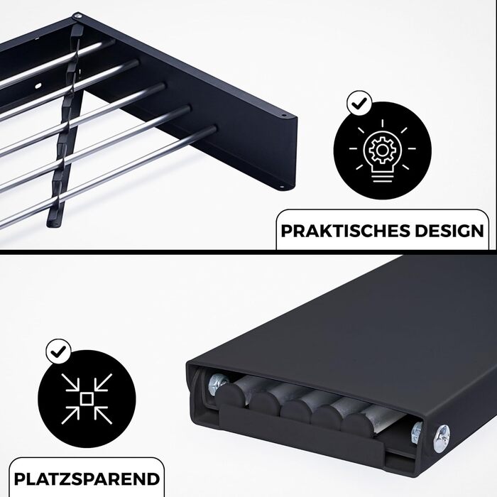 Настінна сушарка для білизни Vonia – компактна та складана – міцна, для ванної кімнати, балкону та маленьких квартир (Чорний, 80 x 40 см)