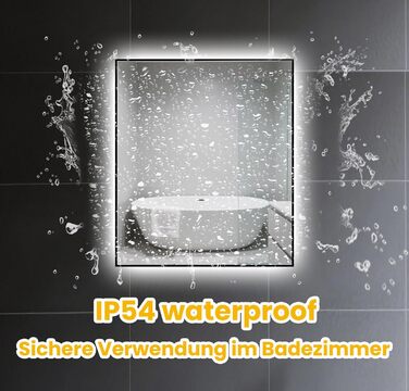 LED дзеркало для ванної кімнати 45x65 см з підсвічуванням, IP54, 6500K, прямокутне, енергозберігаюче, біле