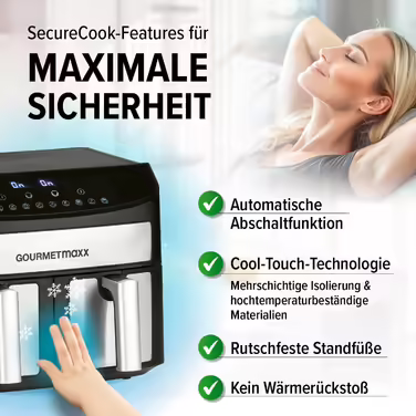 Gourmetmaxx Double Chamber Hot Air Fryer 2x 3.5L - Stainless Steel | Air Fryer with Synchro Cooking Zones, Timer Function & Touch Display | Energy-Saving Frying | 10 Programs | 2400 Watts Stainless Steel / Black 2x 3.5 Liters