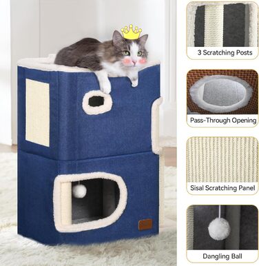 YITAHOME Cat House Indoor, Cat Bed for Indoor Cats, Cat Tunnel, Cat Cave, Small Scratching Post, Cat Furniture, Cat Bed Cave, cat caves, Cat Beds (Blue, with Platform)