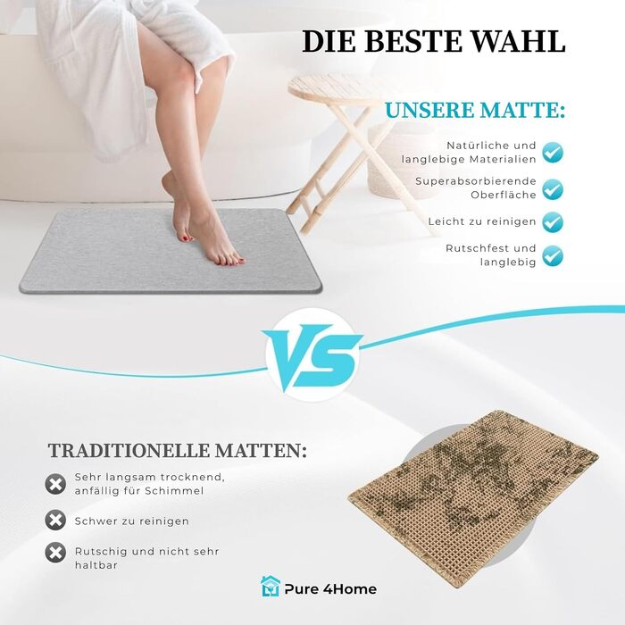 Діатомітовий килимок для ванної Pure 4Home Kieselgur, швидкосохнучий та антибактеріальний, протиковзкий, сірий, 45 x 35 см