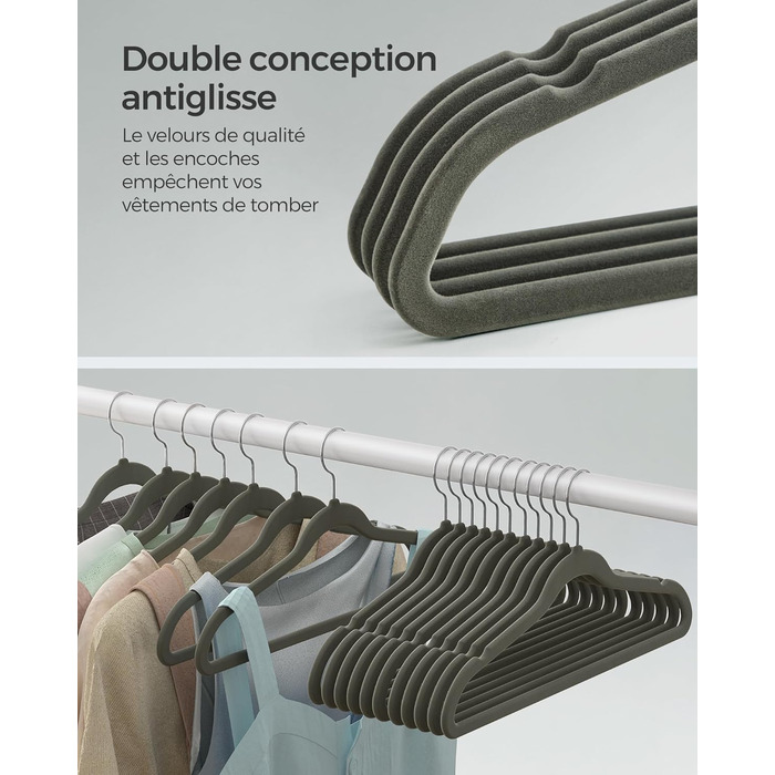 Плечики SONGMICS для одягу, 20 шт., велюрові, для сорочок, жакетів, костюмів, 41.5 см, обертовий гачок, сірий