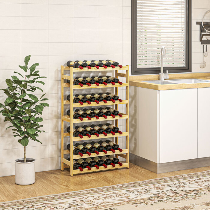 HOMCOM Wine Rack 63 x 25 x 102 cm for 42 Bottles with 7 Shelves, Freestanding Rack and Tip-Over Protection in Natural Wood Finish