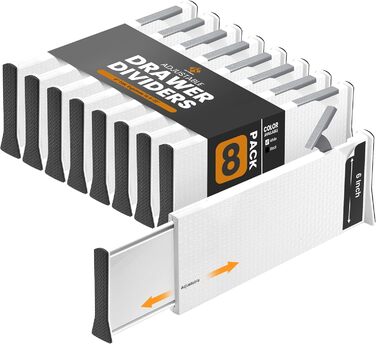 RAPTUROUS Adjustable Deep Drawer Dividers – 6 inches high, expandable 13–22 inches, 8 Pack, Non-Slip Drawer Dividers for Clothes, Dresser, Kitchen, and Office (white)