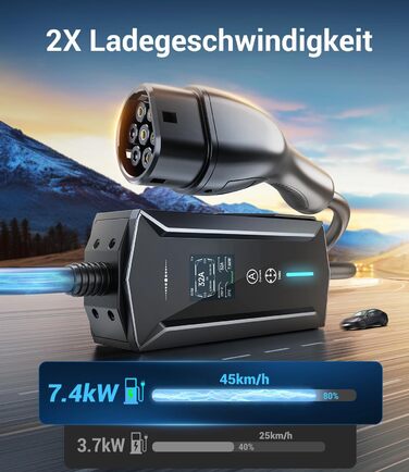 Портативний зарядний пристрій для електромобілів IEC 62196-2, 7,4 кВт, 7м, IP65, LCD, регулювання потужності та часу початку