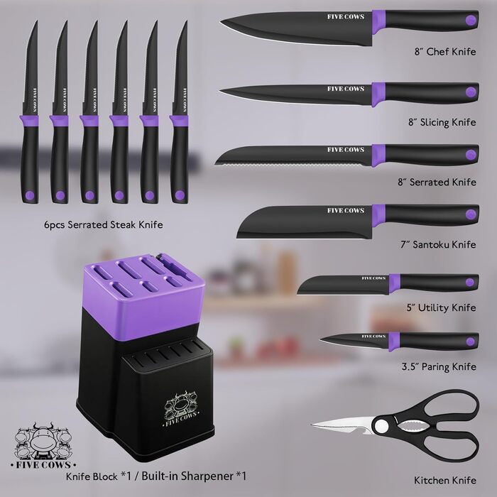 Набір кухонних ножів FIVE COWS з 14 предметів: професійний набір ножів для дому з самозаточуванням, включає ніж для стейка та ножиці, покриття захищає від окислення (фіолетовий)