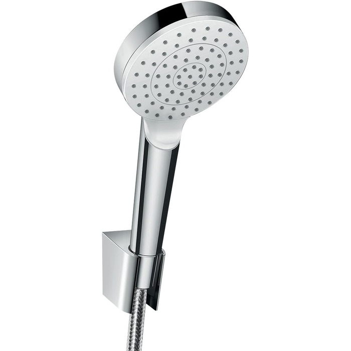 hansgrohe Crometta Showerhead Holder Set, with shower hose, 1.60 m, 2 spray patterns, water-saving, White/Chrome (Set including 1.60m shower hose, 1 spray pattern with water-saving function)