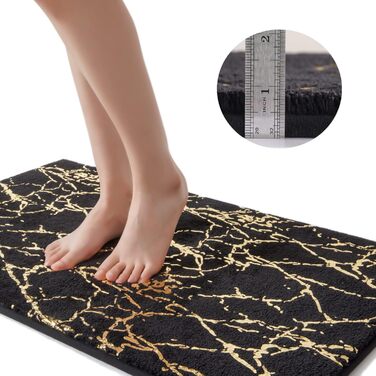 QJHOMO Non-Slip Bath Mat Washable, Bathroom Rug, Toilet Rug with Cutout Black Bathroom Carpet, Gold Decorative Toilet Rug Luxury Bathroom Accessories, soft Microfiber Absorbent Bath Rug 50x50 cm 50 x 50 cm with Toilet Cutout Black and Gold