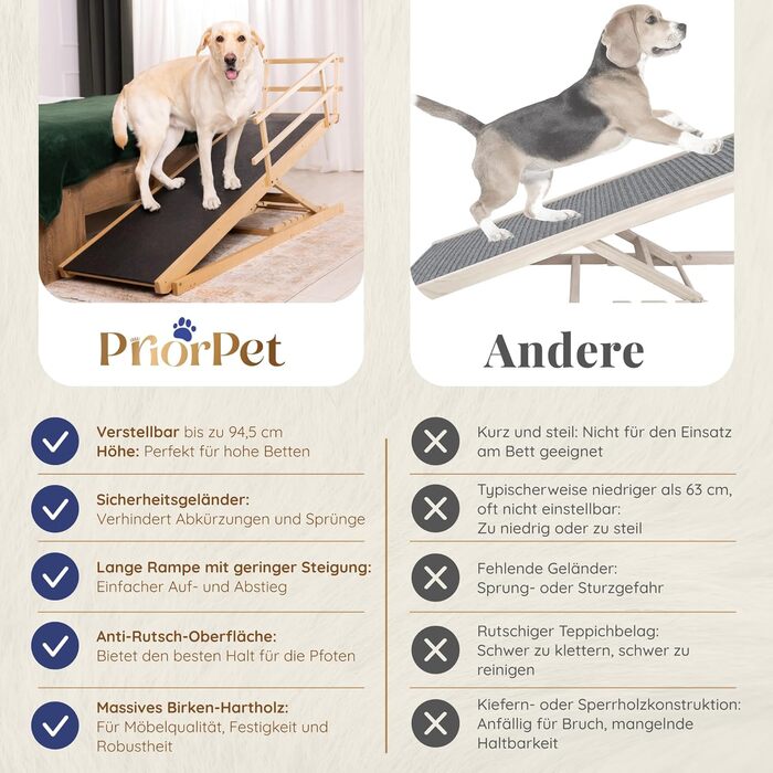 Східці для собак до ліжка з захисним бар'єром - для великих собак до 90 кг - регульована висота до 94.5 см - ширина 49.5 см - складаються - антиковзке покриття - з натурального дерева (бірча) - колір натуральний