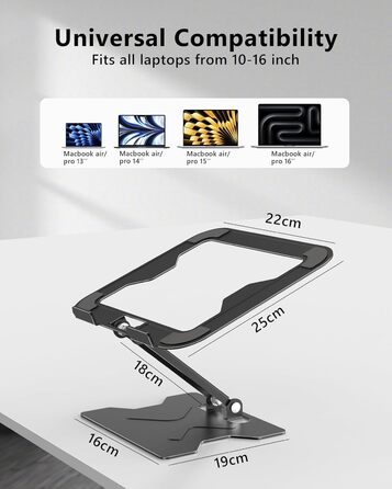 Adjustable Laptop Stand for Desk - Portable Aluminum Laptop Riser, Foldable, Fits HP 10-16 Inch Laptops, Black