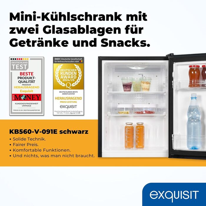 Exquisit KB560-V-091E: Міні-холодильник чорного кольору, 50 літрів, LED-підсвітка, регулювання температури, ширина 45 см