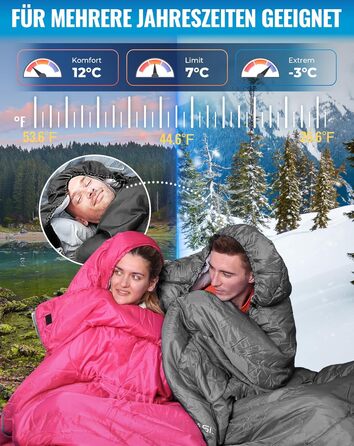 Сплячий мішок KingCamp Oasis, 3 сезони, теплий, зручний, легкий, з капюшоном, 220x75 см, для кемпінгу та піших прогулянок (сірий)