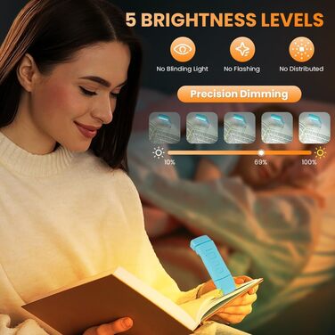 LED лампа для читання з кліпсою, акумуляторна, 3 режими температури кольору, USB, гнучка 360°, для читання в ліжку, для книголюбів та дітей (Блакитна)