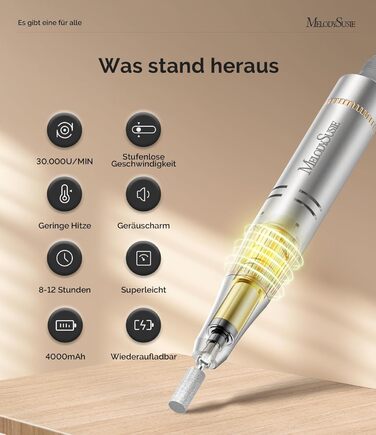 Електрична фрезер для нігтів MelodySusie SC320F – професійний бездротовий апарат для манікюру, 30000 обертів, для акрилу, гелю, полірування та видалення, набір для салону та дому (білий/золотий)