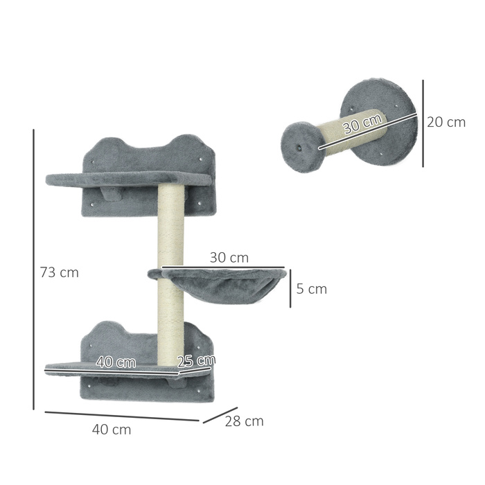 PawHut Cat Climbing Wall Set, Climbing Wall, Cat Ladder, 4-Piece Set, with Scratching Post, Hammock, Gray+Cream White, 40 x 28 x 73cm5 | Aosom