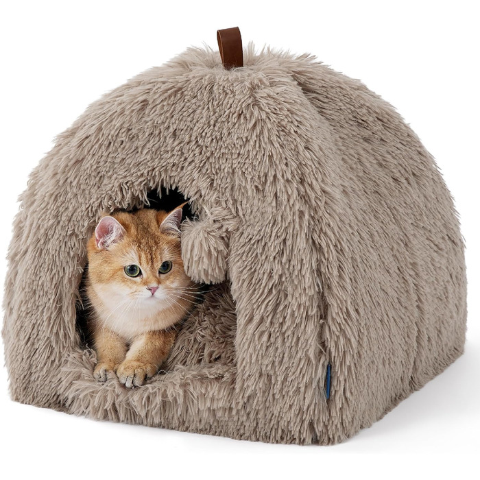 Кігтечка для котів BEDSURE велика, 44x44x44 см, з плюшевим будиночком, знімним килимком та іграшкою, для дому, (40x40x40 см, верблюжий)