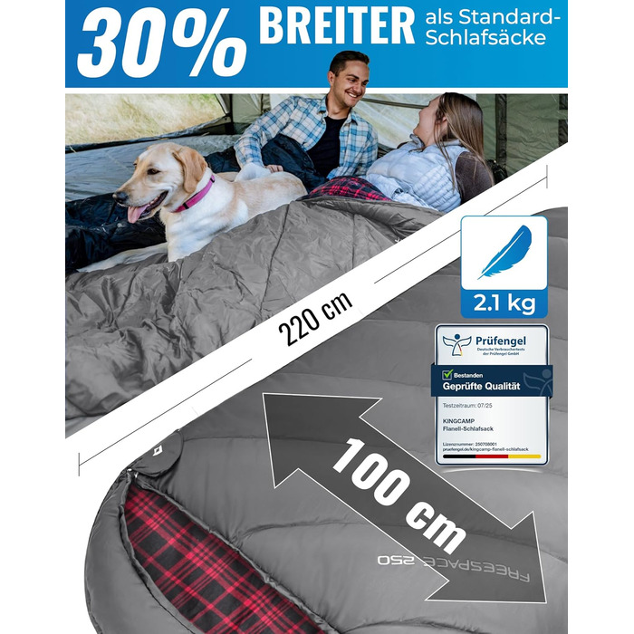 Сплячий мішок KingCamp XXL з бавовни фланелі для дорослих, великий, теплий, зимовий, для кемпінгу, подорожей та активного відпочинку на природі (4 сезони), 220x100 см (#Klassisch Grau)