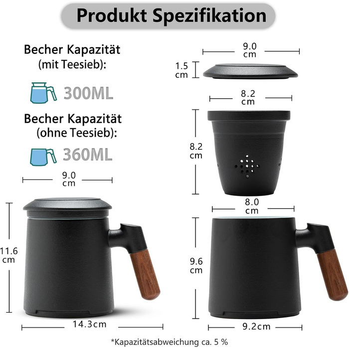 ZENS Teacup with Lid and Infuser, 360 ml Wooden Handle Tea Cup with Tea Strainer and Lid for Loose Leaf Tea, Matte Ceramic Tea Cups Gifts for Tea Lovers, Hand-Sprayed Black Glaze