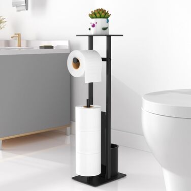 Stainless Steel Toilet Paper Holder with Brush and Wipes Box - Standing Toilet Paper Dispenser with WC Brush and Cover - Black Finish