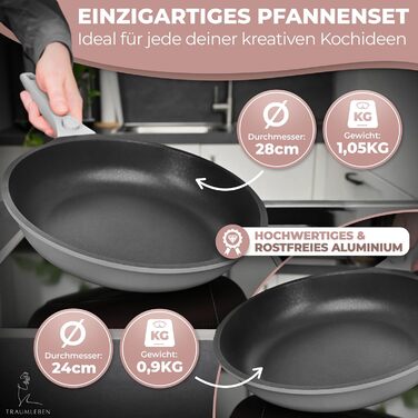 Набір сковорідок TraumLeben Neu 2 шт. 24/28 см з знімними ручками, антипригарне покриття, без PFOA, для індукції, сумісний з духовкою | сковорода, універсальна сковорода (сірий)
