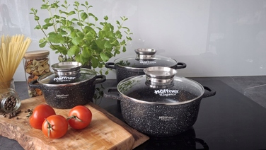 Набір каструль Hoffner, алюміній з мармуровим покриттям, чорний, 17 предметів