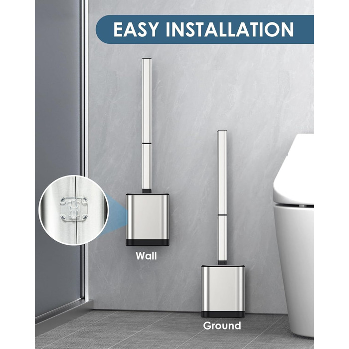 Силіконова щітка для унітазу Klobürste з нержавіючої сталі та контейнером, гнучка щітка для унітазу, настінний монтаж без свердління, срібна