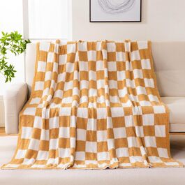 Плед YIRUIO з шаховим принтом, Queen/King Size, 203 x 228 см, мікрофібра, burnt orange