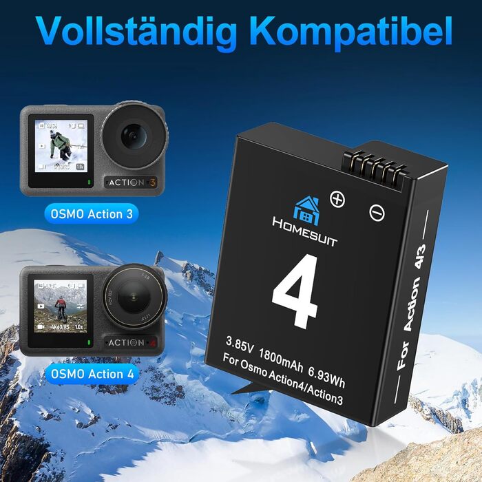 Набір акумуляторів та зарядний пристрій для DJI Osmo Action 4/3: 2x акумулятори 1800mAh + Dual USB LED зарядний пристрій