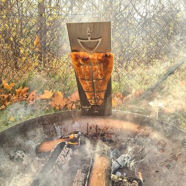Fire World Stainless Steel Salmon Grilling Board - Fireproof Grill Accessory for Fire Pit & BBQ - 180° Rotating Salmon Plank - Made in Germany (52L x 16B cm)